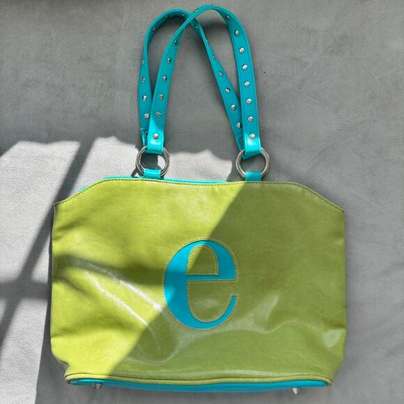 Y2K Initial Bag 2000s Era Retro Bag Letter E Initial Green Blue Faux Leather - Picture 3 of 7